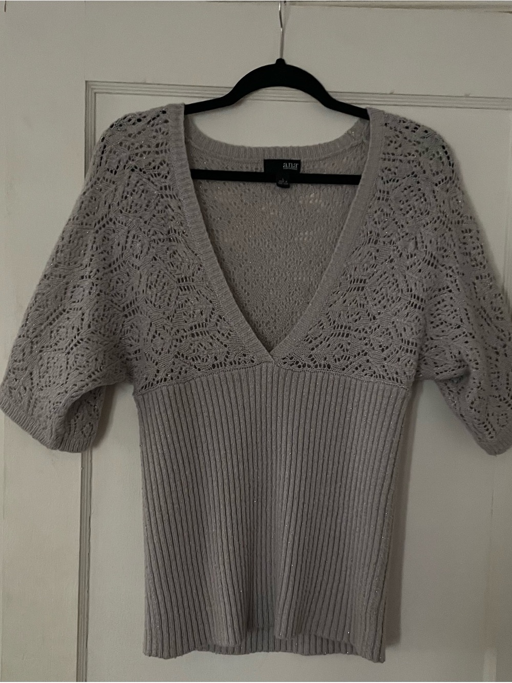 a.n.a Light Gray Lace-Knit V-Neck Sweater